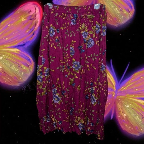 Purple floral midi skirt with elastic waistband. No pockets - Picture 2 of 4